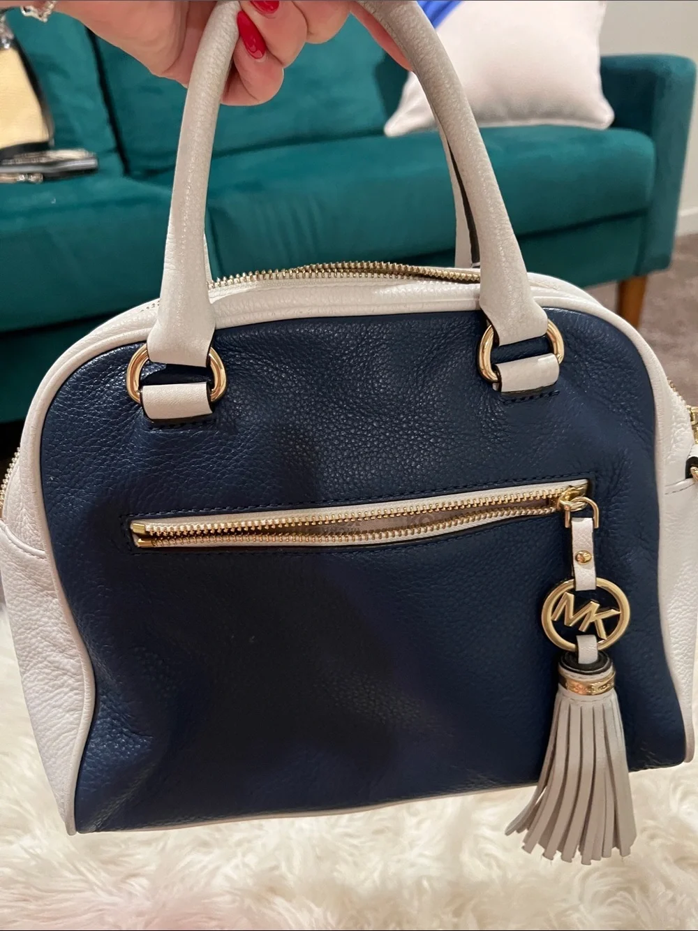 Michael Kors Navy and White Dome Satchel with Tassel Charm